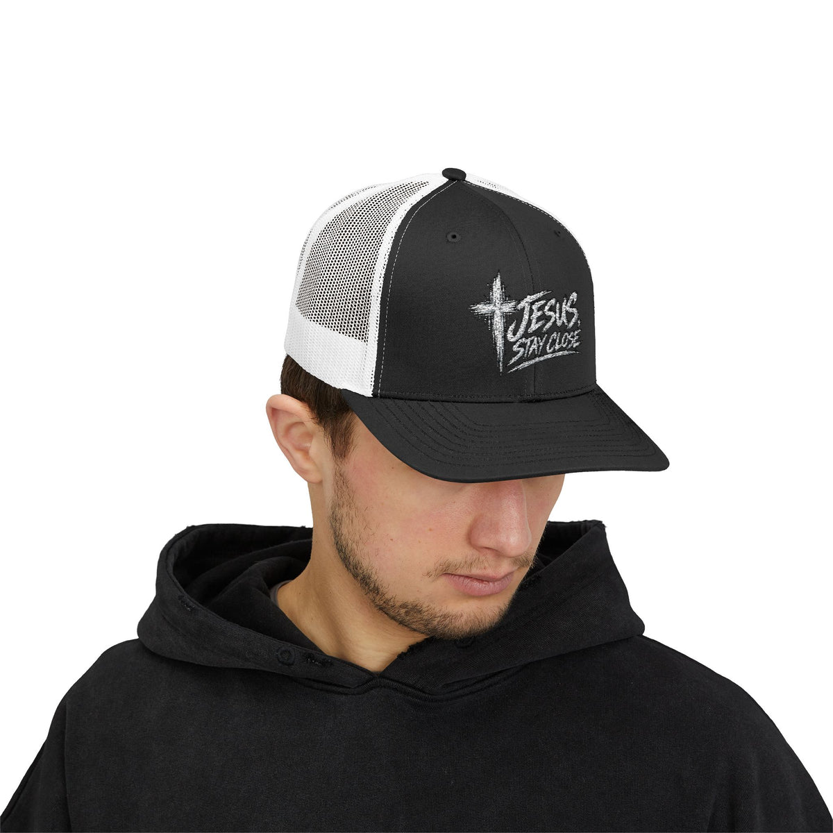 Christian Trucker Hat • "Jesus Stay Close" Embroidered Snapback Cap