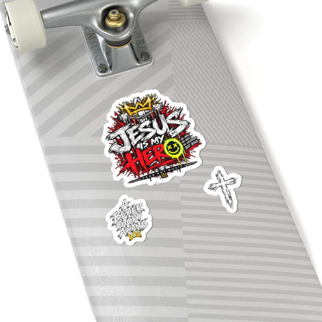 Jesus Is My Hero Kiss-Cut Sticker Set — Christian Faith Graphic Stickers (Cross & Script)