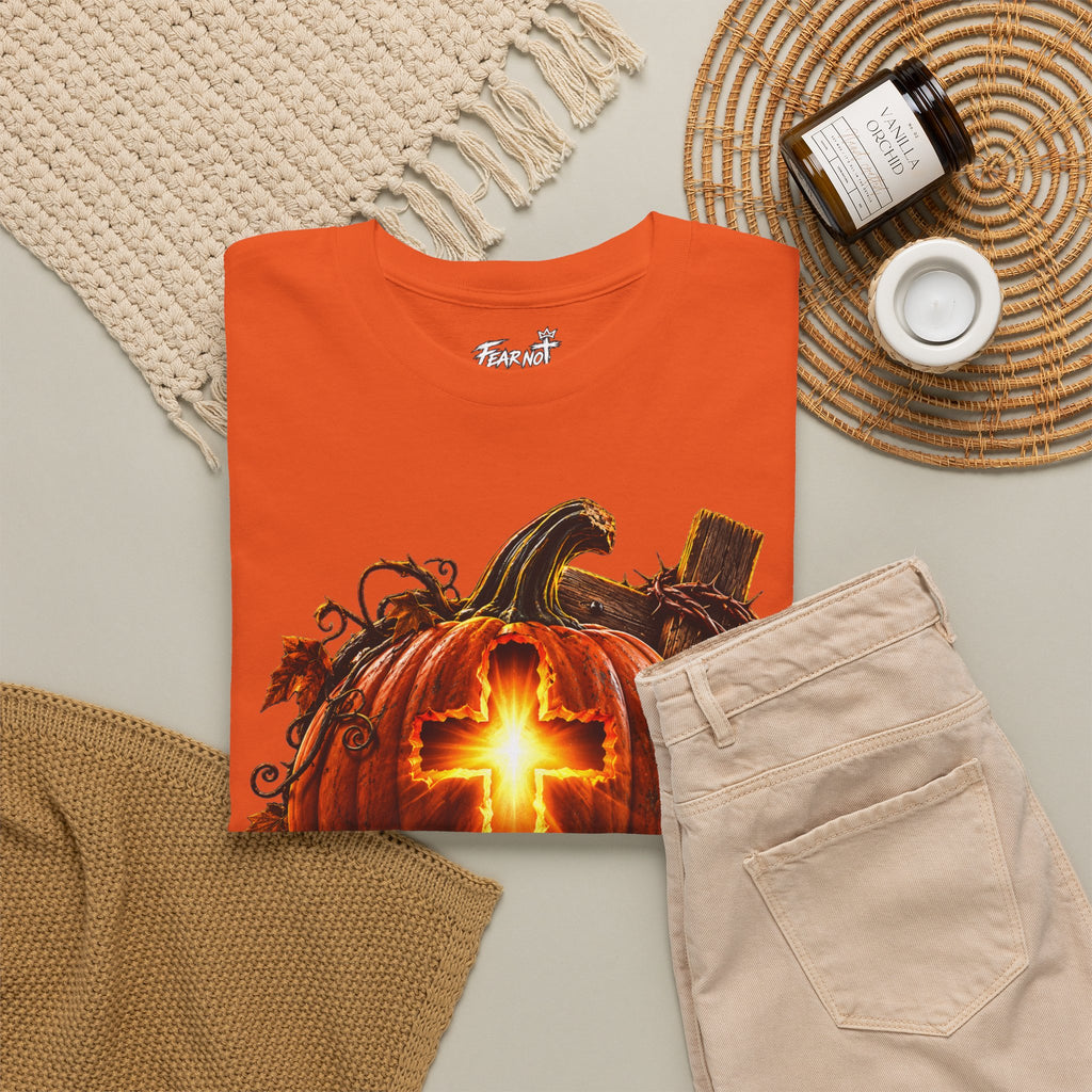 Christian Pumpkin T‑Shirt — Glowing Cross Halloween Tee