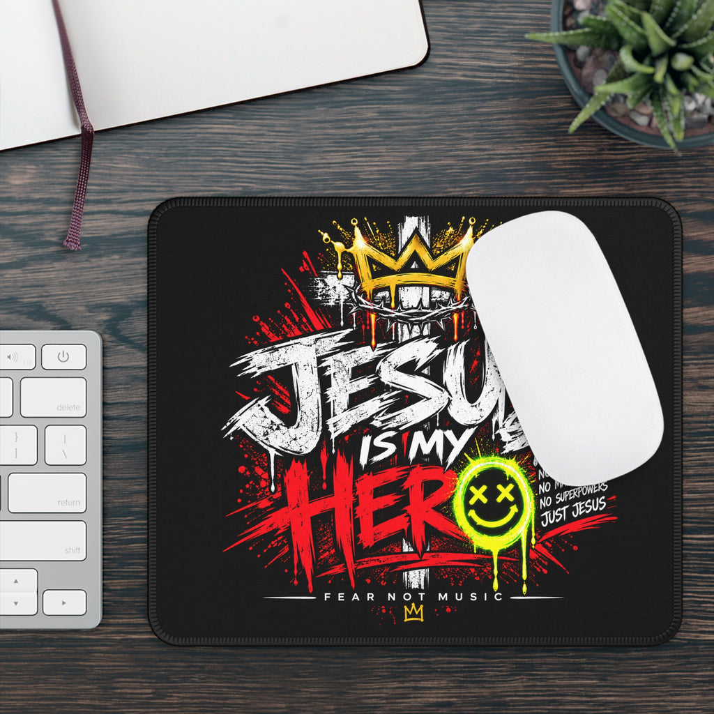 Gaming Mouse Pad — "Jesus Is My Hero" Christian Gamer Desk Mat