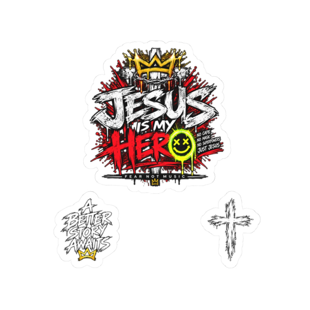 Jesus Is My Hero Kiss-Cut Sticker Set — Christian Faith Graphic Stickers (Cross & Script)