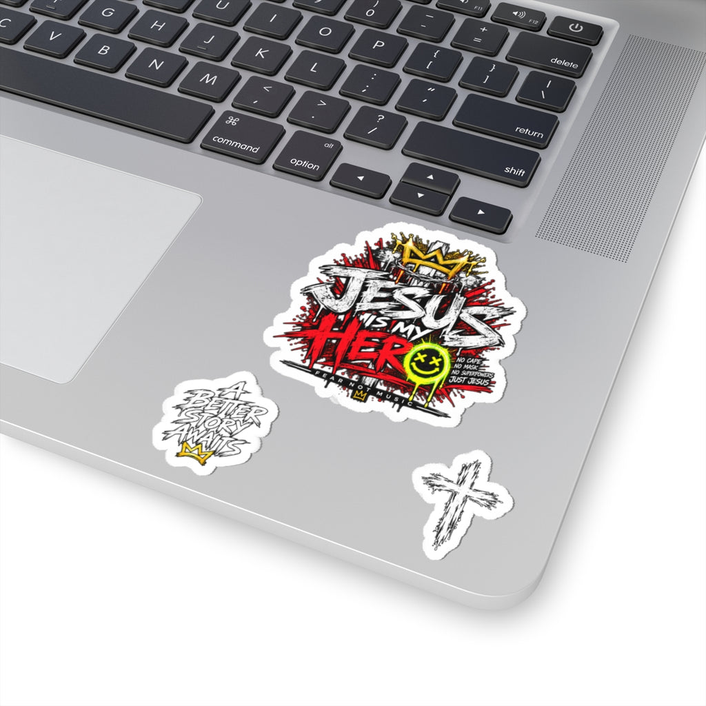 Jesus Is My Hero Kiss-Cut Sticker Set — Christian Faith Graphic Stickers (Cross & Script)