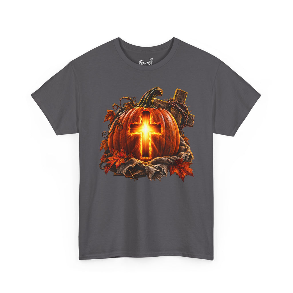 Christian Pumpkin T‑Shirt — Glowing Cross Halloween Tee