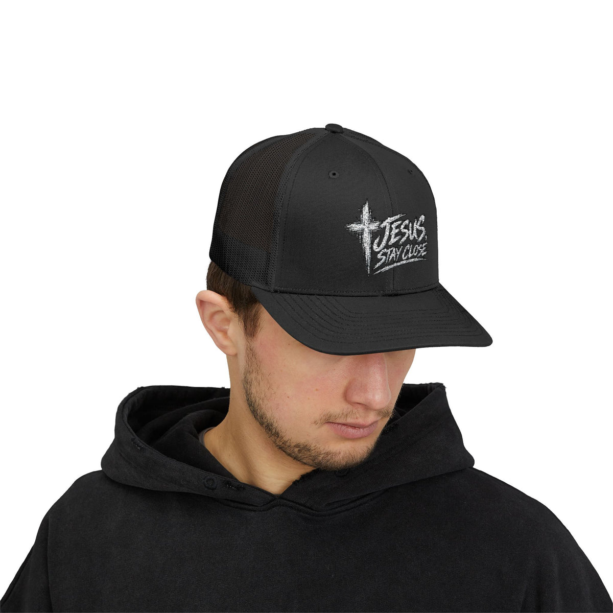 Christian Trucker Hat • "Jesus Stay Close" Embroidered Snapback Cap